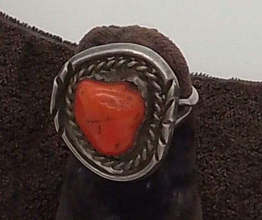 Navajo red coral cocktail ring: Navajo red coral cocktail ring, unmarked size 6
