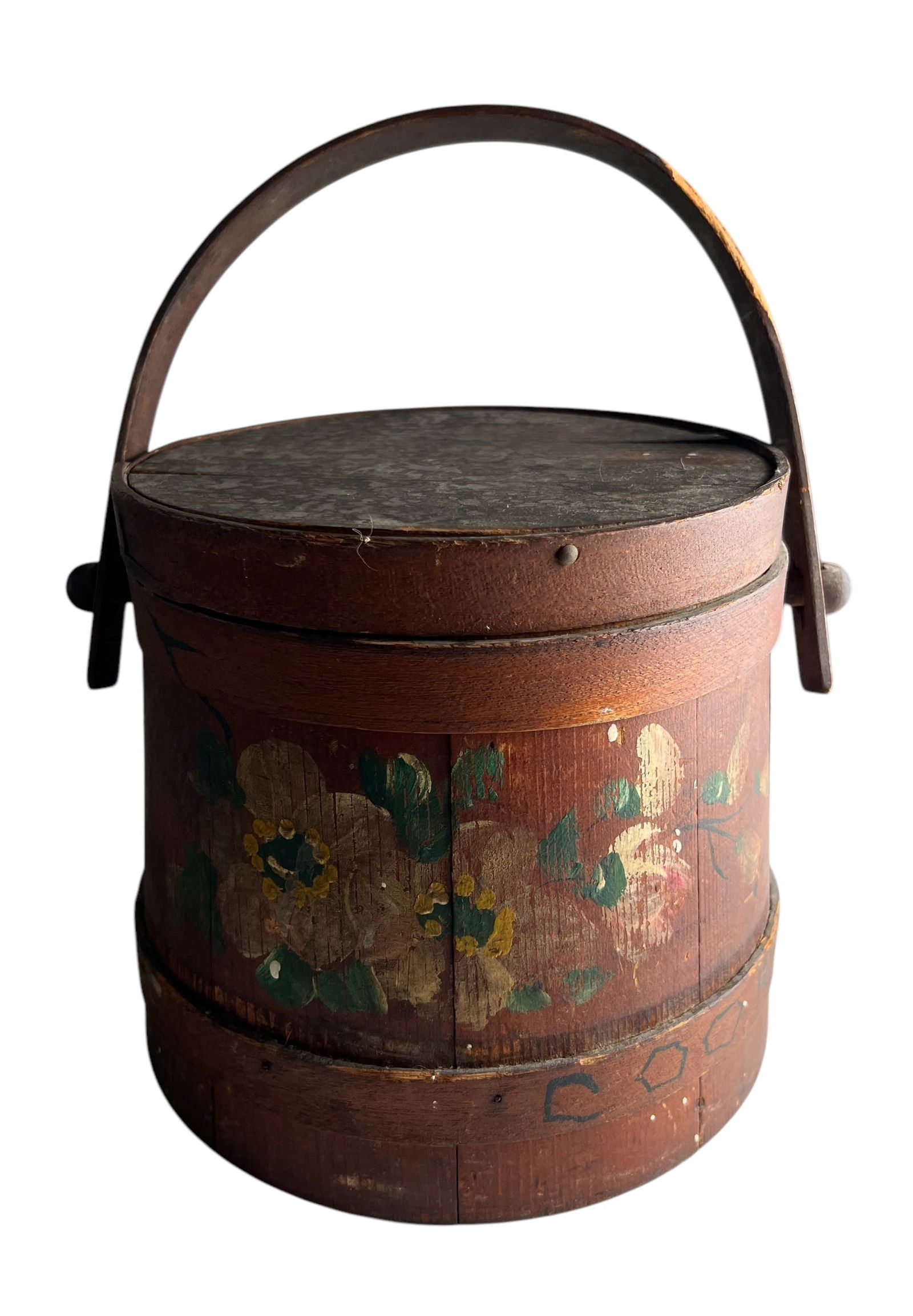 Antique Hand-Painted Wooden Firkin Bucket with Lid and Handle (1 of 5)