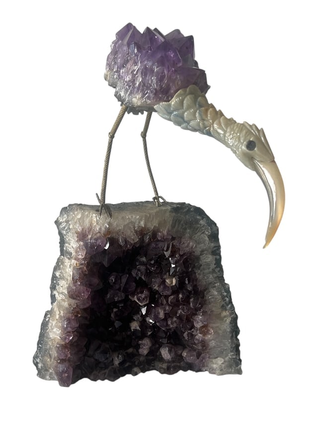 Unique Amethyst Geode Sculpture with Carved Agate Bird (1 of 6)
