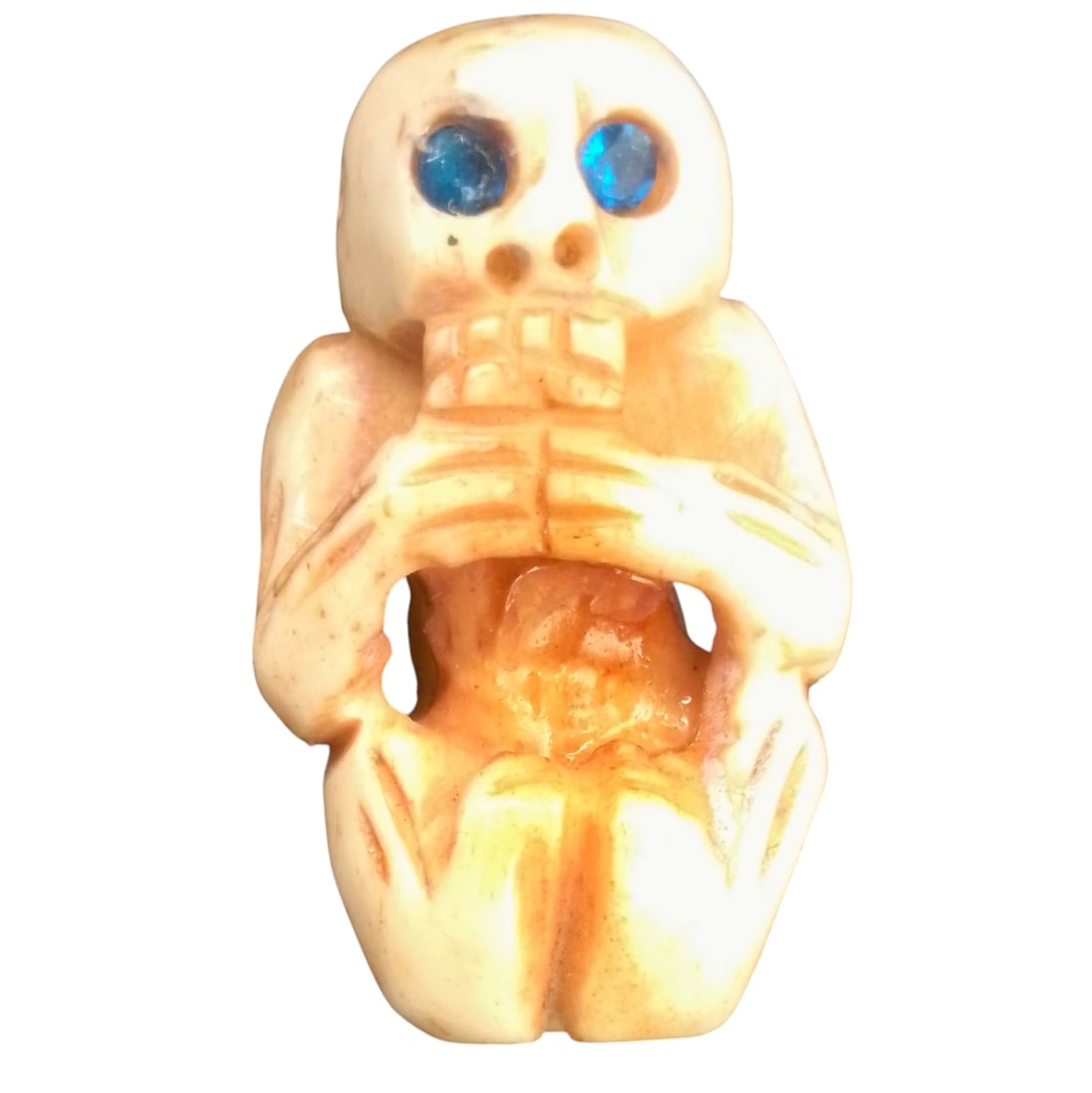Bone Carved Skeleton Figurine with Blue Crystal Bead Eyes: Bone Carved Skeleton Figurine with Blue Crystal Bead Eyes