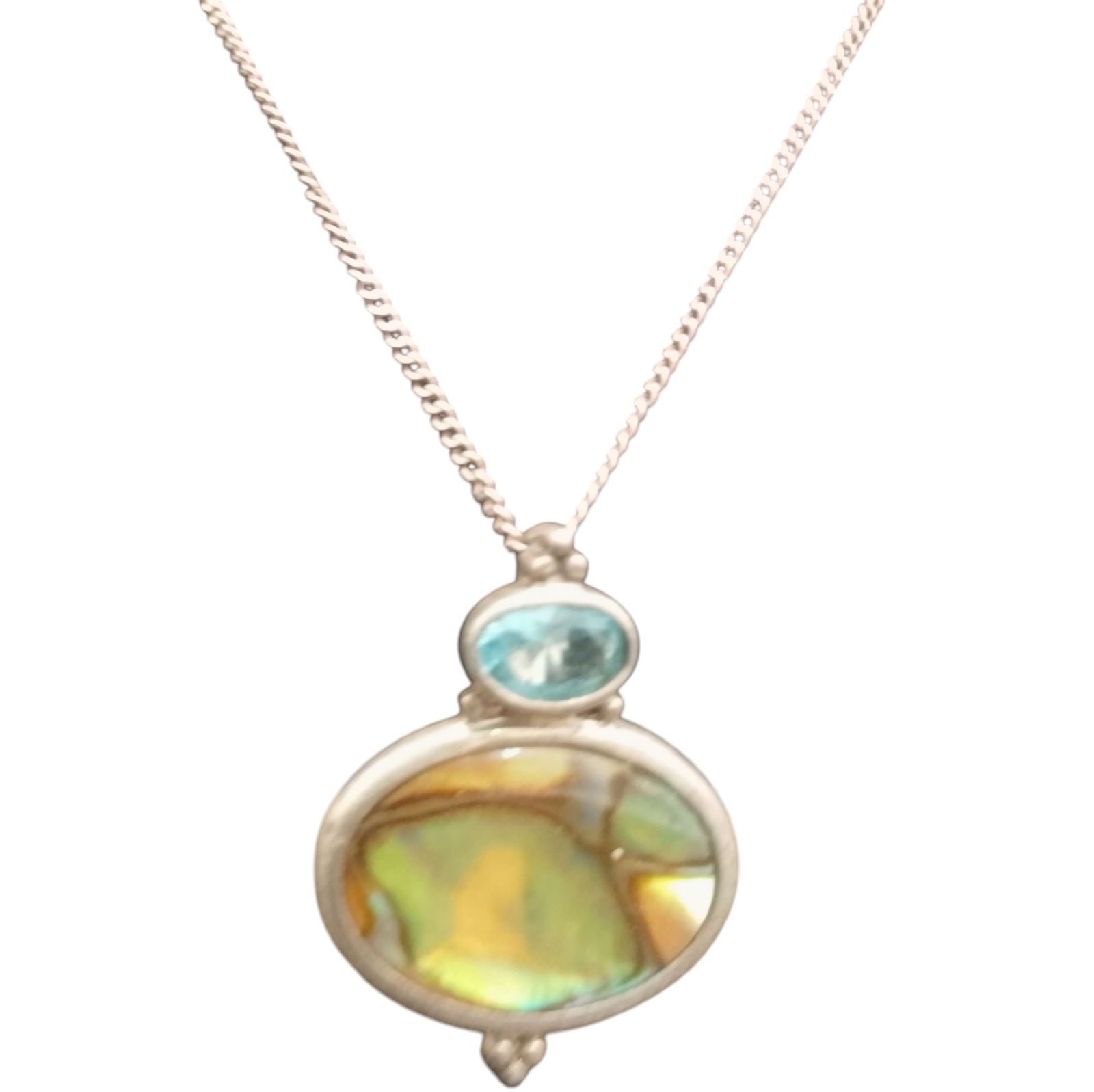 Vintage .925 Sterling Silver Abalone and Blue Topaz Necklace Pendant: Vintage .925 Sterling Silver Abalone and Blue Topaz Necklace Pendant (OAL Closed 10 1/4in.)