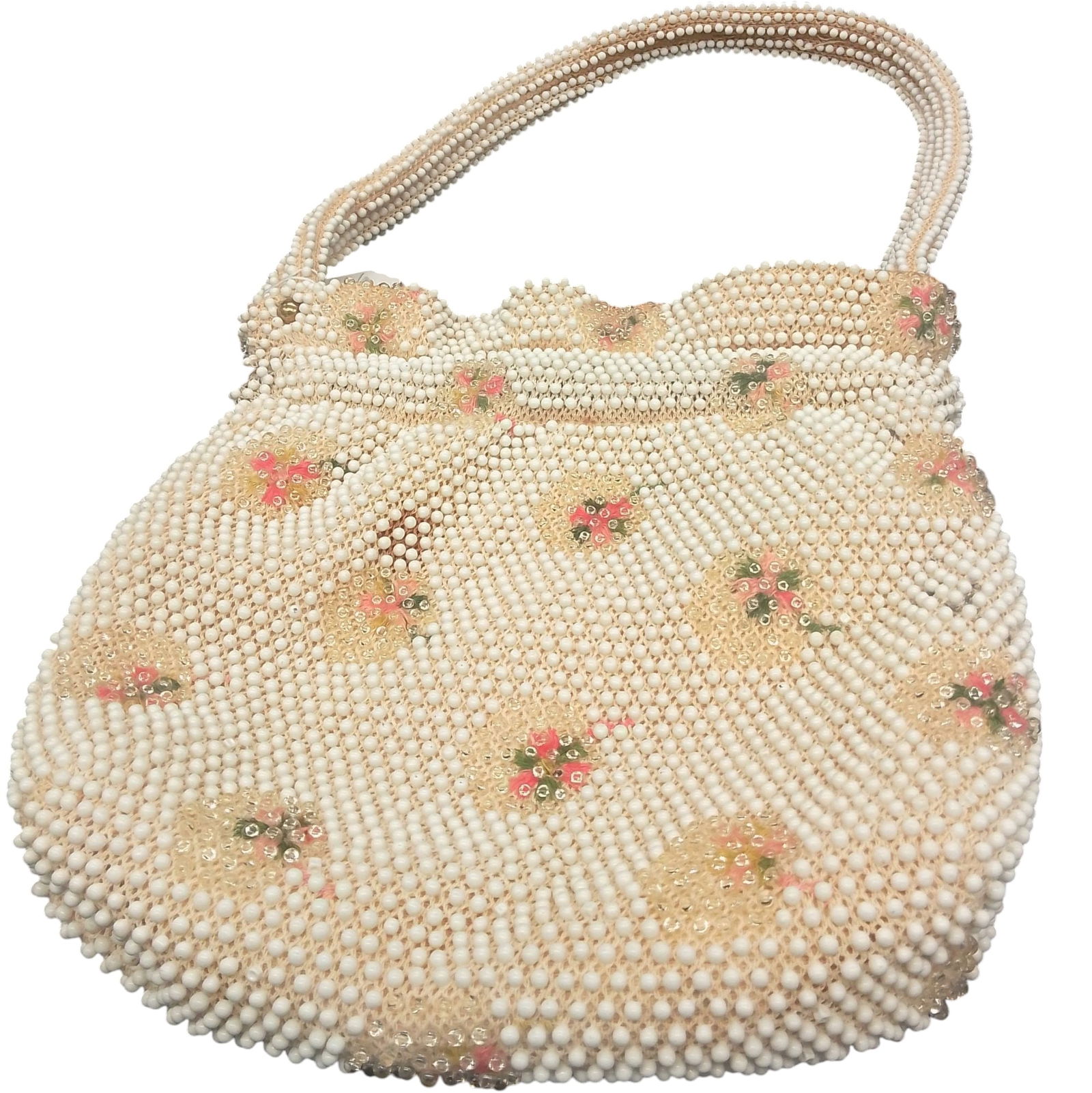 Vintage Corde Bead Lumured Ivory Floral Clutch Handbag Purse With Handle (1 of 3)
