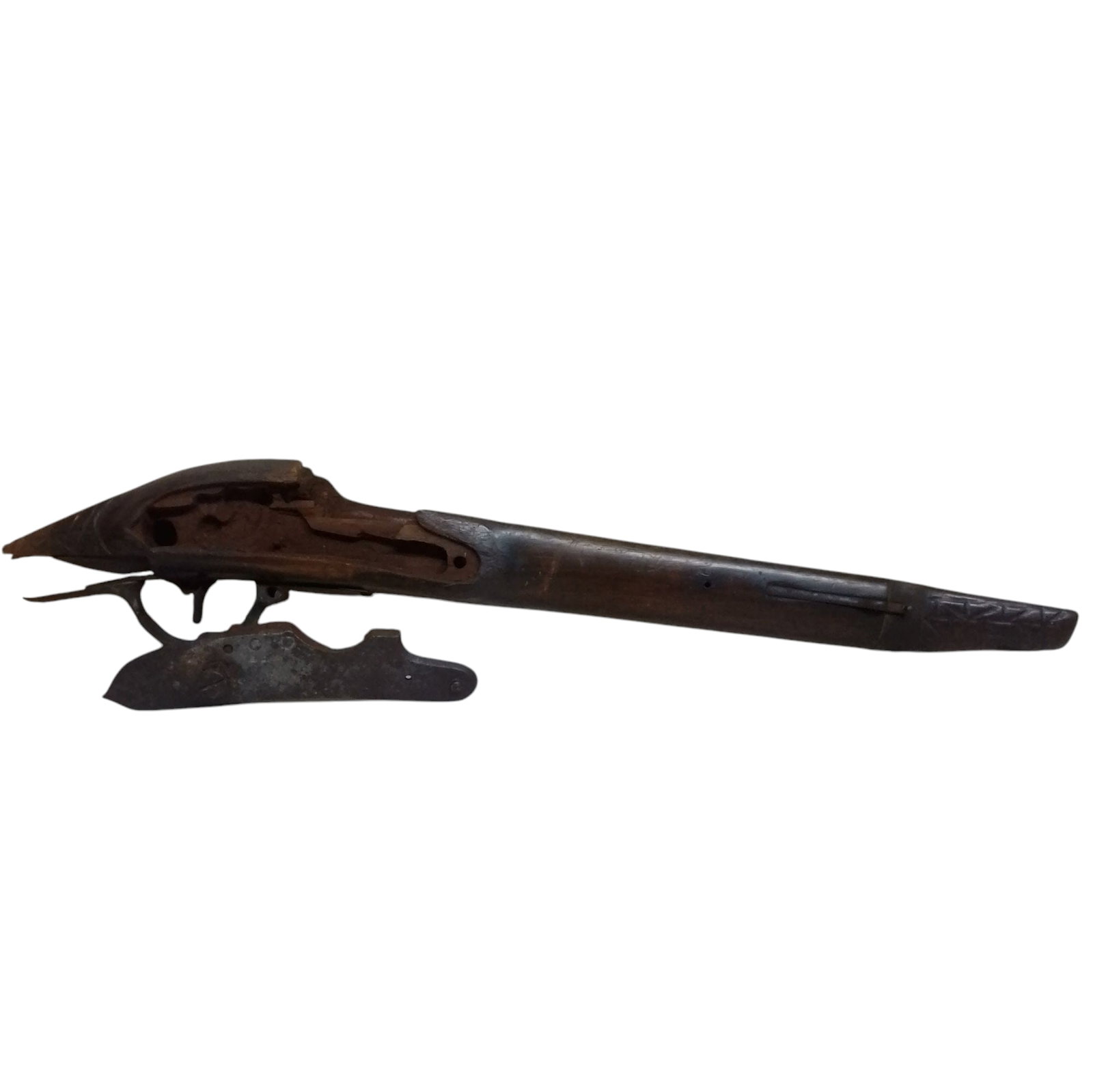 Antique Wood and Brass Flintlock Pistol Part: Antique Wood and Brass Flintlock Pistol Part Approx. OAL: 20 1/2in.