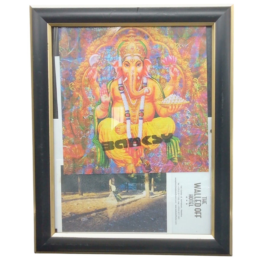 Painting of Ganesha, God of Beginnings, from BANKSY delivered to The Walled Off Hotel: BANKSY delivered to The Walled Off Hotel. Painting of Ganesha, God of Beginnings, from BANKSY delivered to The Walled Off Hotel Approx. 10 1/2in. X 8in. | Frame 12 3/4in X 10 1/4in.