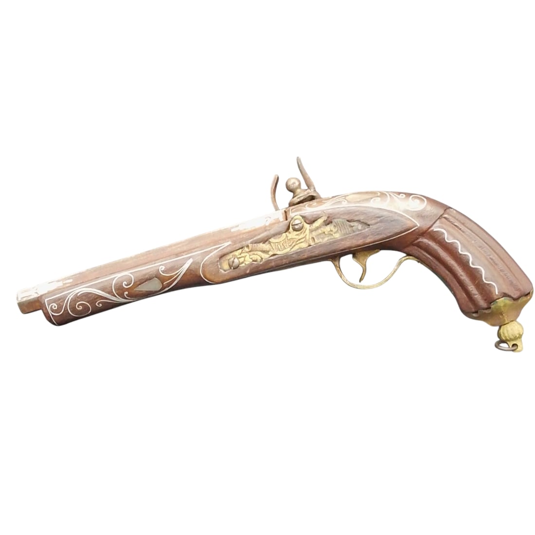 Antique Flintlock Pistol Inlaid w. Silver Wire: Antique Flintlock Pistol Inlaid w. Silver Wire Approx. OAL: 13 1/2in.