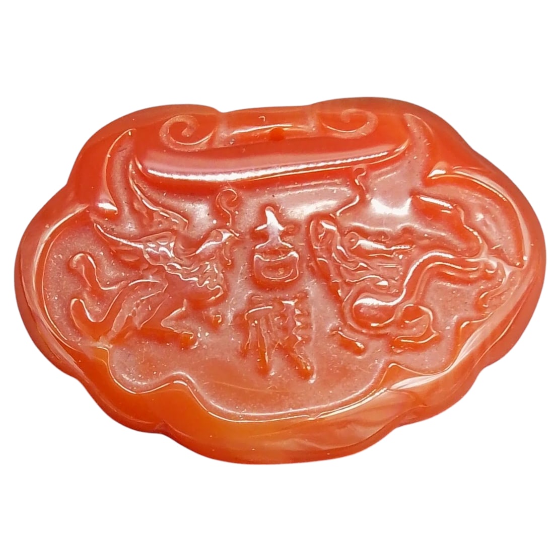 Chinese Antique Red Agate Dragon and Phoenix Pendant: Pendant. Chinese Antique Red Agate Dragon and Phoenix Pendant Approx. OAL: 1 5/8in.
