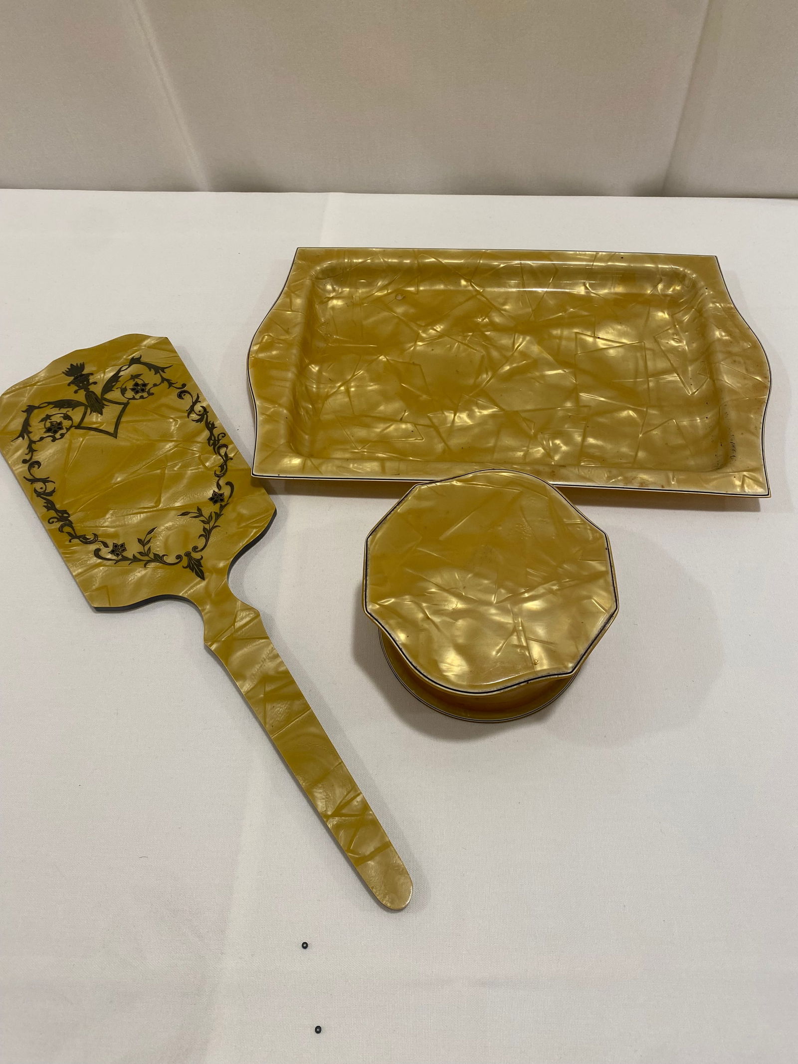 Dresser Set: Vintage 3 piece dresser set, Art Deco pearlized yellow celluoid, Mirror, powder box and tray 10"x6"x6"