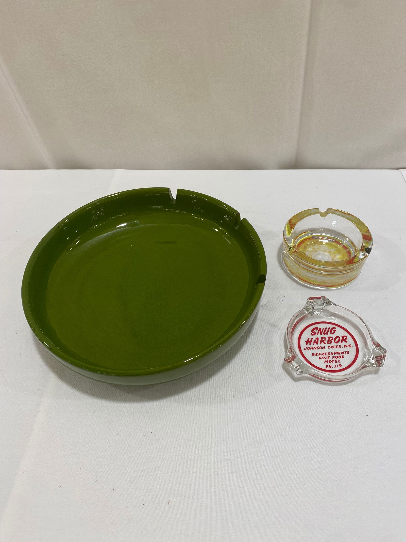 Ash Trays: Set of 3, glass and stoneware ashtrays largest measures approx2" x 8-1/2", then 1-1/2" x 3", 3/4" x 2-1/2"