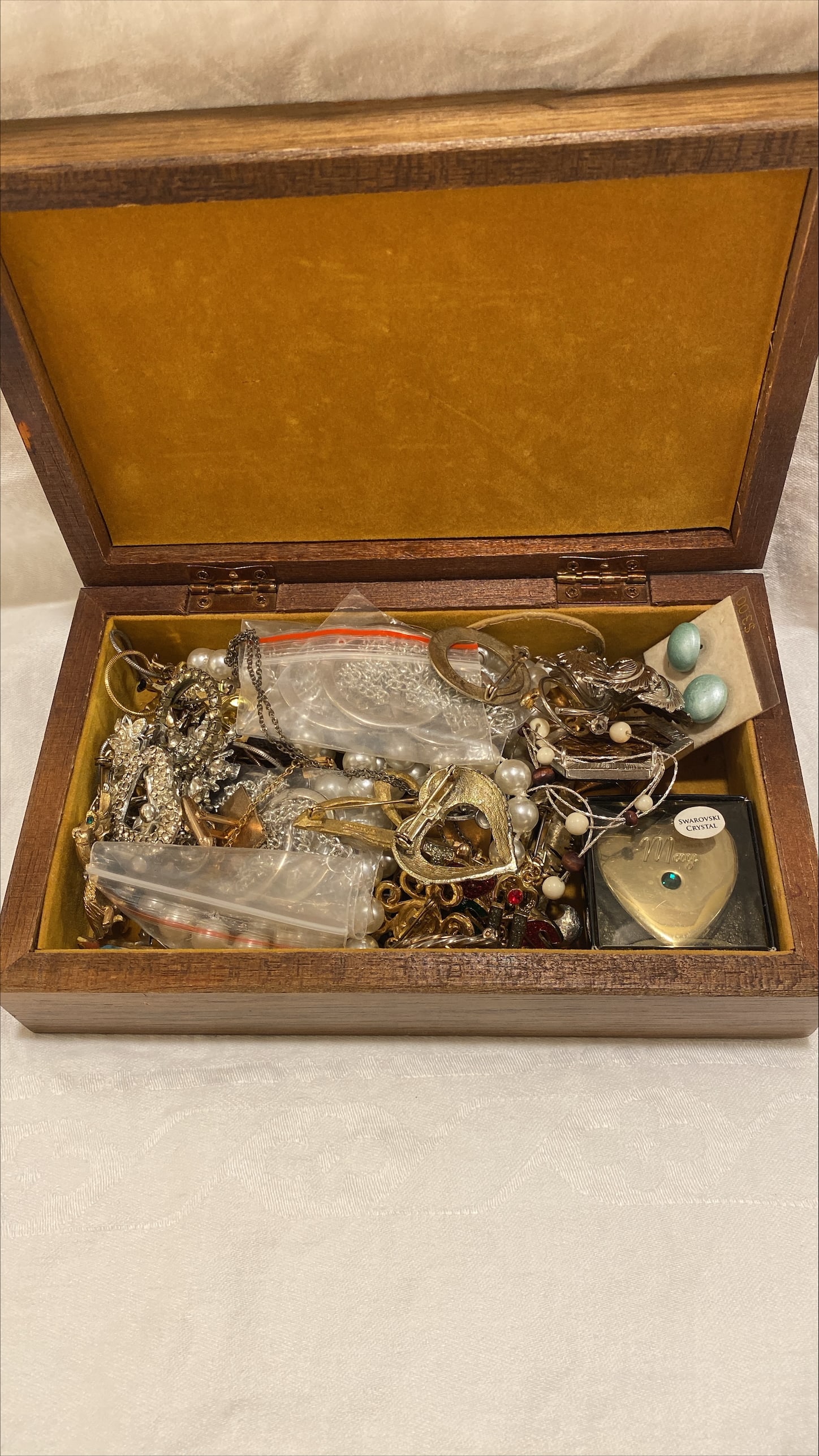 Costume jewelry with jewelry box: Wood jewelry box filled with wonderful costume jewelry. 9"x6"