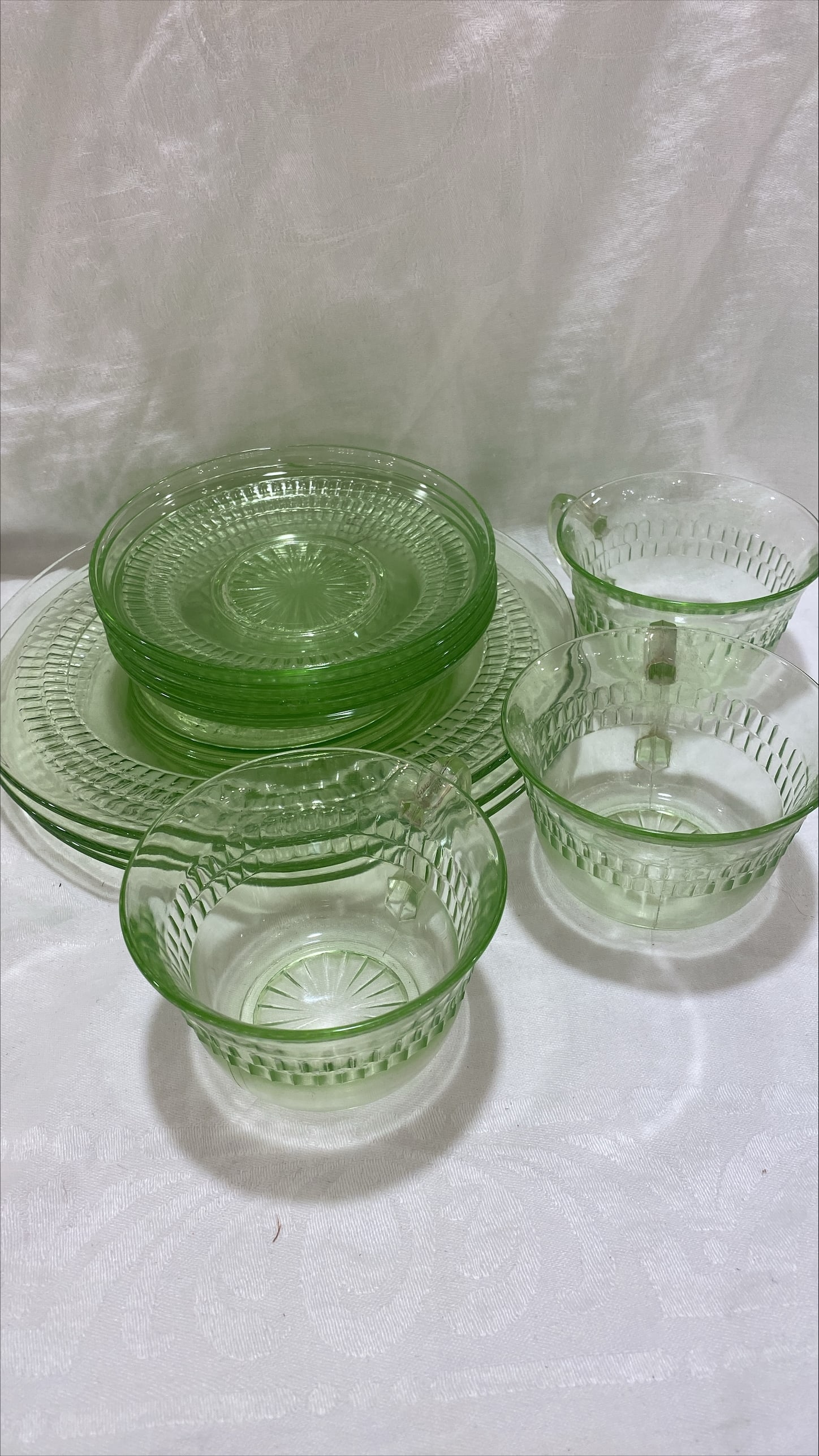 Uranium Glass: Vintage "Roulette" or "Many Windows" Anchor Hocking, uranium glass, 3-cups and saucers, and dinner plates some with chips 8"x10" glass