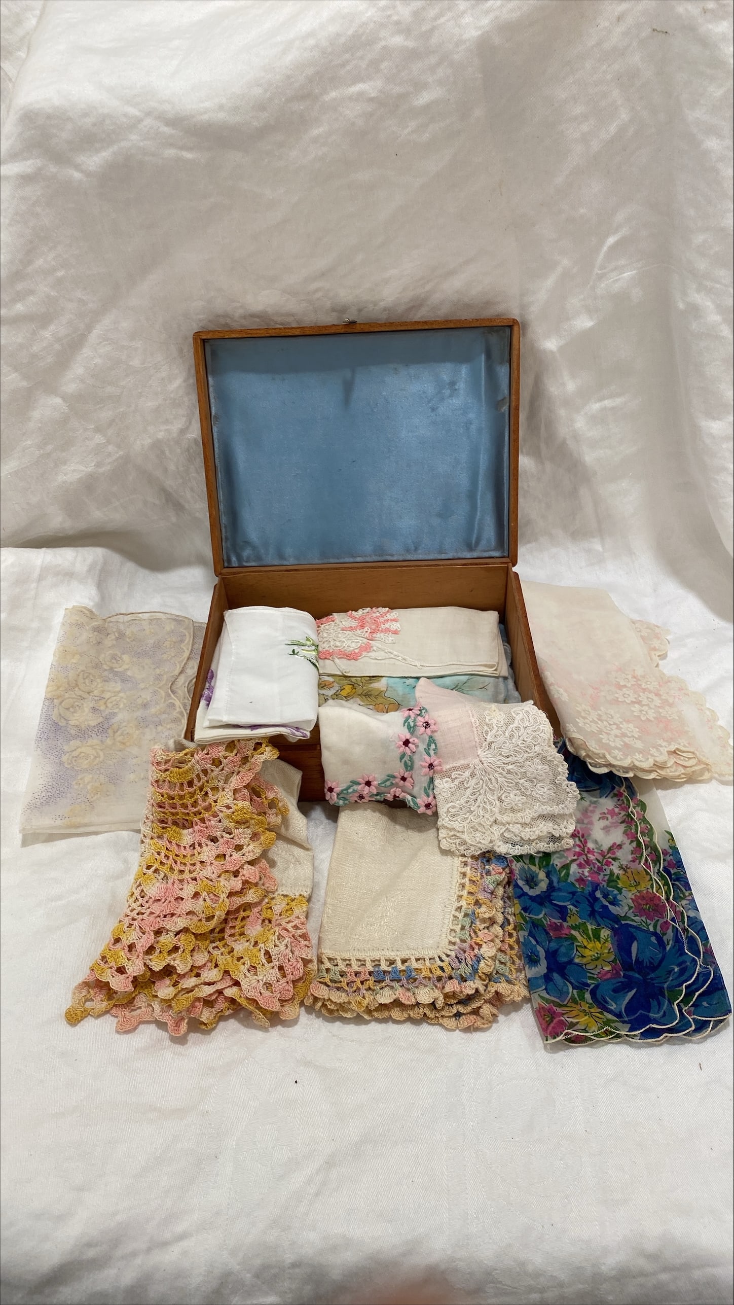 wooden box of vintage hankerchiefs (1 of 3)