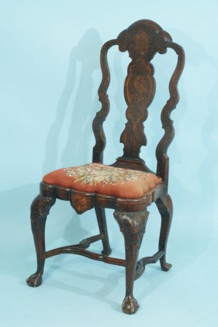 17th CENTURY CHAIR WILLIAM AND MARY CHAIR: 17th CENTURY WALNUT WILLIAM AND MARY CHAIR WITH INLAY AND IN THE DUTCH TASTE. Height: 44 in. by Width: 21 in. by Depth: 17 IN.