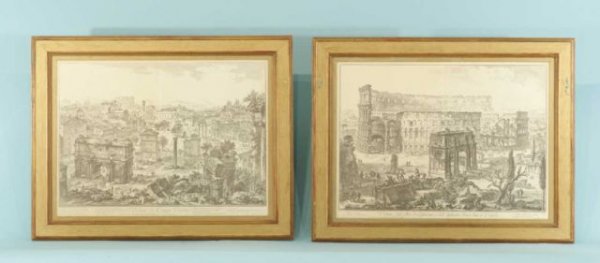 TWO PIRANESI ENGRAVINGS: TWO PIRANESI ENGRAVINGS ONE TITLED "VEDUTA DI CAMPO VACCINO" AND ANOTHER TITLED "VEDUTA DELL' ARCO DI COTANTINO E DELL ANFITEATRO FLAVIO DETTO IL COLOSSEO". Height: 16 in. by Width: 22 in.