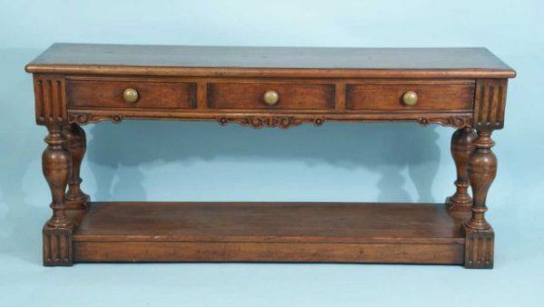TUDOR STYLE THREE DRAWER CONSOLE TABLE: TUDOR STYLE THREE DRAWER CONSOLE TABLE. Height: 32 1/2 in. by Width: 72 in. by Depth: 18 1/2 IN.