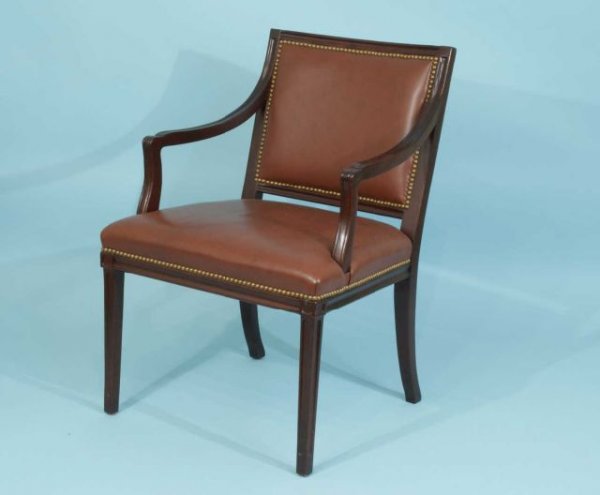 HANCOCK & MOORE SMITH MAHOGANY ARMCHAIR: HANCOCK & MOORE SMITH MAHOGANY ARMCHAIR WITH TAN LEATHER UPHOLSTERY AND NAILHEAD TRIM. Height: 35 in. by Width: 24 in. by Depth: 27 in.
