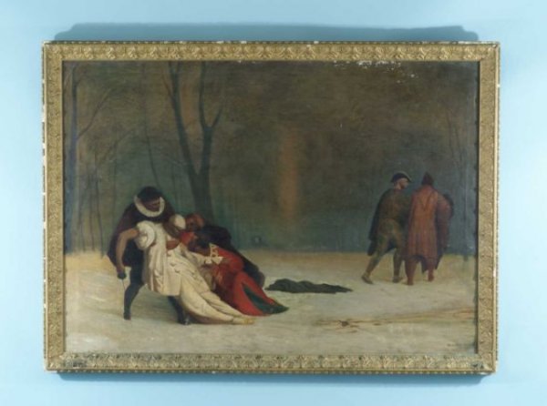JANE LEONE GERUM "FIGHT SCENE" OIL ON CANVAS: JANE LEONE GERUM "FIGHT SCENE" OIL ON CANVAS. GILT FRAMED, SIGNED LOWER RIGHT. Height: 29 1/2 in. by Width: 41 1/2 in.