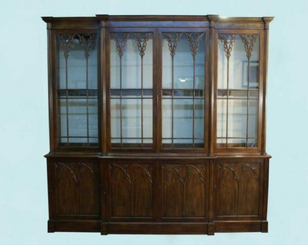 WHIDDICOMB GOTHIC REVIVAL BREAKFRONT, CIRCA 1940: VINTAGE GOTHIC REVIVAL BREAKFRONT/BOOKCASE BY JOHN WHIDDICOMB CO. GRAND RAPIDS, MI. CIRCA 1940. Height: 88 1/2 in. by Width: 91 1/2 in. by Depth: 18 1/2 in.