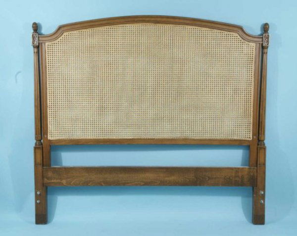 ITALIAN CARVED HEADBOARD WITH CANE INSET & FINIALS: ITALIAN WOOD CARVED HEADBOARD WITH CANE INSET AND FINIALS. QUEEN SIZE. Height: 54 1/2 in. by Width: 60 in. by Depth: 2 1/4 in.