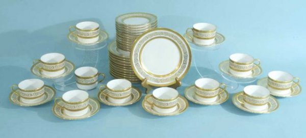 BOX LOT OF 46 FABERGE LIMOGES, FRANCE CHINA PIECES: BOX LOT OF FORTY-SIX FABERGE LIMOGES, FRANCE CHINA. 12 SALAD PLATES, 11 BREAD PLATES, 11 SAUCERS, 12 CUPS.