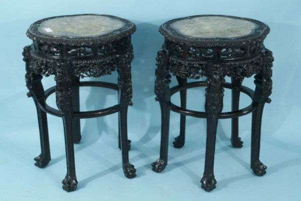 ORIENTAL CARVED & PIERECED LAMP TABLES, CIRCA 19th: PAIR OF ANTIQUE ORIENTAL CARVED AND PIERECED LAMP TABLES WITH MARBLE TOP INSERTS. CIRCA 19th CENTURY. Height: 32 in. by Width: 22 in. by Depth: 22 in.