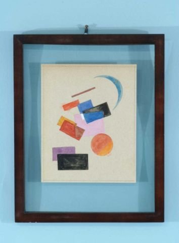 IVAN KLIUN "SUPREMATIST COMPOSITION" WATERCOLOR: ATTRIBUTED TO "IVAN VASILIEVITCH KLIUN (RUSSIAN, 1873-1943) "SUPREMATIST COMPOSITION" WATERCOLOR WITH TRACES OF PENCIL, UNFINISHED WATERCOLOR ON REVERSE. FLOATING FRAME, INITIALED IN CRYILLIC. Height: