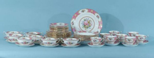 63-PIECE SET OF "LADY CARLYLE" ROYAL ALBERT CHINA: 63-PIECE SET OF "LADY CARLYLE" ROYAL ALBERT BONE CHINA. 8 DINNER PLATES, 8 SALAD PLATES, 8 BREAD PLATES, 8 BOWLS, 7 SOUP BOWLS, 8 SOUP SAUCERS, 8 CUPS, 8 SAUCERS.