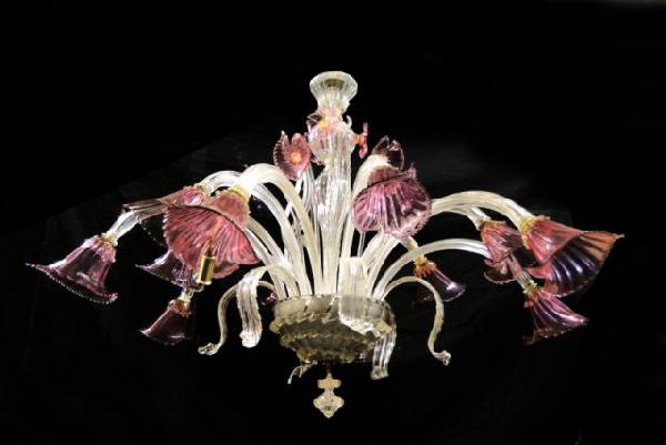 VINTAGE MURANO GLASS CHANDELIER, CIRCA 1930: VINTAGE MURANO GLASS ROSE TO CLEAR CHANDELIER IN THE FORM OF CALLA LILY. CIRCA 1930. Height: 36 in. by Width: 58 in. by Depth: 58 in.