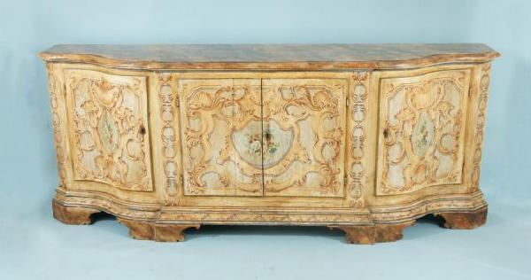 19th CENTURY PAINTED VENETIAN CREDENZA, CIRCA 1890: 19th CENTURY PAINTED VENETIAN STYLE PAINTED CREDENZA. CIRCA 1890. Height: 35 in. by Width: 90 in. by Depth: 20 in.