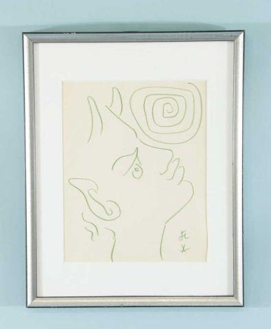 JEAN COCTEAU "FACE" GREEN COLORED PENCIL/CRAYON: ATTRIBUTED TO JEAN COCTEAU (FRENCH, 1889-1963) "FACE" GREEN COLORED PENCIL (OR CRAYON). FRAMED AND MATTED, SIGNED WITH ARTIST'S INITIALS, LOWER RIGHT, NOT DATED. Height: 9 3/4 in. by Width: 7 3/4 in.