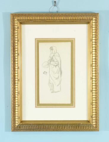 JAMES WHISTLER "WOMAN HOLDING FAN" CHARCOAL/PAPER: ATTRIBUTED TO JAMES ABBOT MCNEILL WHISTLER (1834-1903) "WOMAN HOLDING A FAN" CHARCOAL ON PAPER MOUNTED ON ARTIST BOARD, GILT FRAMED AND MATTED, SIGNED WITH ARTIST'S MONOGRAM MIDDLE LEFT. Height: 7 3/4