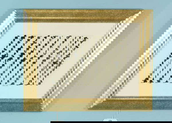 DAVID SMITH "COMPOSITION WITH FIGURES" BLACK INK: ATTRIBUTED TO DAVID SMITH (1906-1965) "UNTITLED COMPOSITION WITH FIGURES" BLACK INK ON PAPER. GILT FRAMED AND MATTED, SIGNED WITH ARTIST'S INITIALS LOWER MIDDLE AND DATED, ALSO NOTATED IN PENCIL. Heig