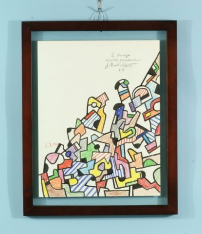 JEAN DUBUFFET "UNTITLED COMPOSITION" PEN/PENCIL: ATTRIBUTED TO JEAN DUBUFFET (1901-1985) "UNTITLED COMPOSITION" MARKER PEN AND COLORED PENCILS. FLOATING FRAME, INITIALED AND DATED LOWER LEFT; ALSO SIGNED UPPER RIGHT AND INSCRIBED: "A GEORGE AMICAL S