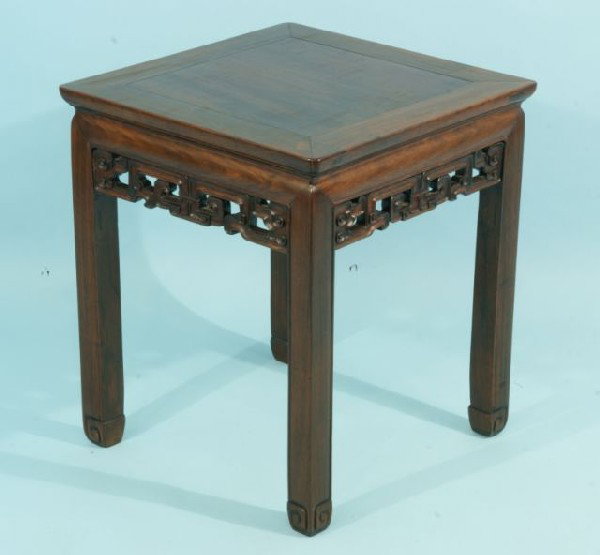 CHINESE CARVED HONGMU FANGDENG, CIRCA 1850-1875: 19th CENTURY CHINESE CARVED HONGMU OR HUALIMU SQUARE STOOL OR FANGDENG; LAT QING DYNASTY, TONGZHI PERIOD, CIRCA 1850-1875, FINELY FIGURED WITH EXCELLENT PATINA. Height: 20 in. by Width: 18 in. by Dept