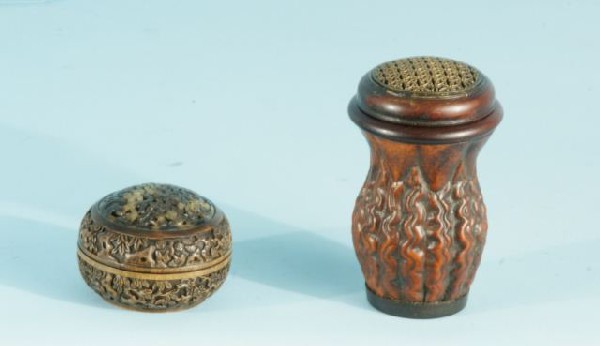 CARVED SHELL/BONE ROUND BOX, GOURD CRICKET HOLDER: CARVED SHELL/BONE ROUND BOX, CARVED GOURD CRICKET HOLDER. Height: 4 1/4 and 2 in. by Width: 2 1/2 and 2 1/2 in. by Depth: 2 1/2 and 2 1/2 in.