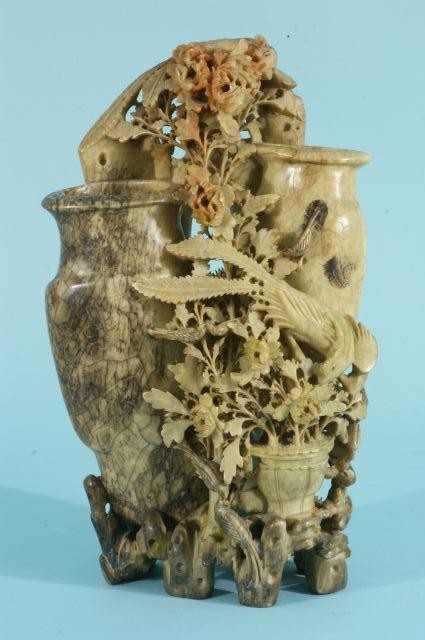 SOAPSTONE TRIPLE VASE SCULPTURE, CIRCA 1890-1910: LARGE AND EXCEPTIONALLY CARVED ANTIQUE CHINESE SOAPSTONE TRIPLE VASE SCULPTURE; LATE QING DYNASTY, TONGZHI-GUANGXU PERIOD, CIRCA 1890-1910; EXCELLENT USE OF THE STONE'S MULTI-COLORS BY THE SCULPTOR TO