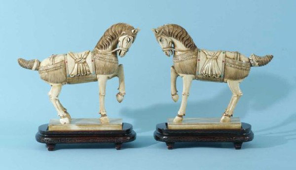 ANTIQUE JEWEL INLAID IVORY/BONE HORSES: PAIR OF ANTIQUE JEWEL INLAID IVORY/BONE HORSES. Height: 10 1/2 in. by Width: 10 1/2 in. by Depth: 4 in.