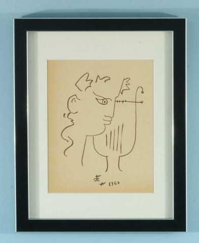 JEAN COCTEAU "FACE WITH LYRE" MARKER, 1960: ATTRIBUTED TO JEAN COCTEAU (FRENCH, 1889-1963) "FACE WITH LYRE" MARKER/PEN ON HEAVY TAN PAPER. FRAMED AND MATTED, INITIALED AND DATED LOWER MIDDLE. CIRCA 1960. Height: 9 3/4 in. by Width: 7 3/4 in.