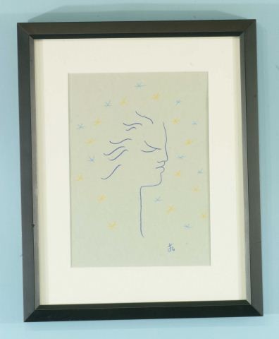 JEAN COCTEAU "FACE" MARKER/COLOR PENCIL: ATTRIBUTED TO JEAN COCTEAU (FRENCH, 1889-1963) "FACE" COLORED PENCIL HEAVY GRAY PAPER. FRAMED AND MATTED, INITIALED LOWER RIGHT. Height: 9 3/4 in. by Width: 7 1/4 in.