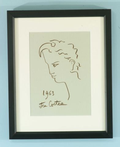 JEAN COCTEAU "FACE" MARKER PEN/PAPER, 1963: ATTRIBUTED TO JEAN COCTEAU (FRENCH, 1889-1963) "FACE" MARKER PEN ON HEAVY GREENISH/GRAY PAPER. FRAMED AND MATTED, SIGNED LOWER LEFT AND DATED 1963. Height: 10 in. by Width: 7 1/4 in.