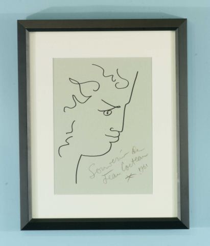 JEAN COCTEAU "FACE" MARKER PEN/PAPER, 1961: ATTRIBUTED TO JEAN COCTEAU (FRENCH, 1889-1963) "FACE" MARKER PEN ON HEAVY GREENISH/GRAY PAPER. FRAMED AND MATTED, SIGNED LOWER RIGHT AND DATED 1961. Height: 10 in. by Width: 7 in.