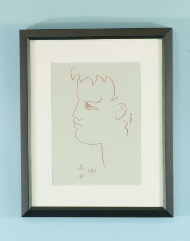 JEAN COCTEAU "FACE" COLOR PENCIL/PAPER, 1962: ATTRIBUTED TO JEAN COCTEAU (FRENCH, 1889-1963) "FACE" COLORED PENCIL ON HEAVY GREENISH/GRAY PAPER. FRAMED AND MATTED, INTIALED LOWER MIDDLE AND DATED, 1962. Height: 10 in. by Width: 7 1/4 in.