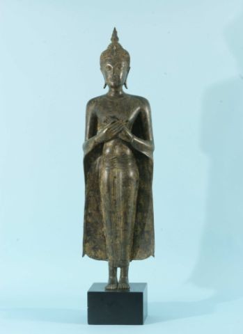 ANTIQUE BURMESE BRONZE BUDDHA WITH CROSSED HANDS: ANTIQUE BURMESE BRONZE BUDDHA WITH CROSSED HANDS. Height: 33 in. by Width: 8 in. by Depth: 6 in.