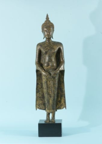ANTIQUE BURMESE BRONZE BUDDHA WITH CROSSED HANDS N: ANTIQUE BURMESE BRONZE BUDDHA WITH CROSSED HANDS DOWN. Height: 33 in. by Width: 9 in. by Depth: 4 in.