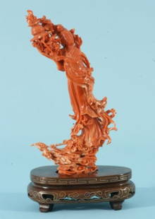 ANTIQUE CORAL CARVING OF A CHINESE GODDESS: ANTIQUE CORAL CARVING OF A CHINESE GODDESS ON STAND. Height: 9 in. by Width: 5 in. by Depth: 2 in.