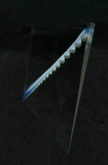 ART GLASS PYRAMID SHAPED OBELISK BY REISER: ART GLASS PYRAMID SHAPED OBELISK BY REISER. Height: 13 in. by Width: 7 in. by Depth: 2 1/2 in.