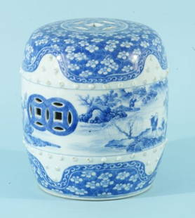 CHINESE BLUE AND WHITE PORCELAIN STOOL: CHINESE BLUE AND WHITE PORCELAIN STOOL. Mint Condition. Height: 9 in. by Width: 8 in. by Depth: 8 in.