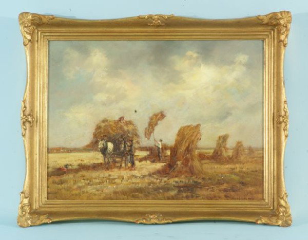 GILT FRAMED "MAN BAILING HAY" OIL ON PANEL: GILT FRAMED "MAN BAILING HAY" OIL ON PANEL. Height: 11 1/2 in. by Width: 15 1/2 in.