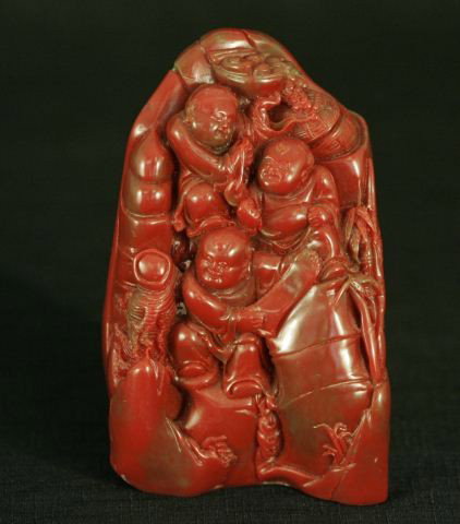CHICKEN BLOOD SOAPSTONE CARVING: CHICKEN BLOOD SOAPSTONE CARVING. Height: 5 1/2 in. by Width: 3 1/2 in. by Depth: 2 in.