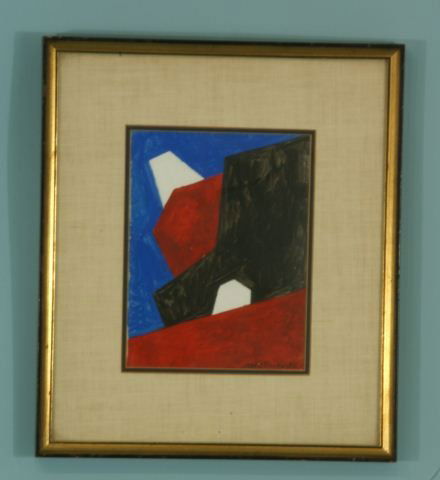 SERGE POLIAKOFF "GEOMETRIC ABSTRACT" GOUACHE/W. C.: ATTRIBUTED TO SERGE POLIAKOFF (1900-1969) "GEOMETRIC ABSTRACT" GOUACHE OR WATERCOLOR ON CARD. GILT FRAME AND MATTED, SIGNED LOWER LEFT. Height: 13 1/2 and 7 1/2 in. by Width: 11 1/2 and 6 in.