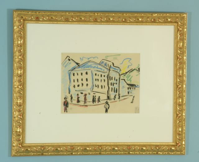 ERNST LUDWIG KIRCHNER "BUILDING & FIGURES" INK: ATTRIBUTED TO ERNST LUDWIG KIRCHNER (1880-1938) "BUILDING & FIGURES" BLACK INK AND CRAYON OR CHALK WITH PENCIL. GILT FRAME AND MATTED, STAMPED. Height: 19 and 8 in. by Width: 23 and 10 1/2 in.